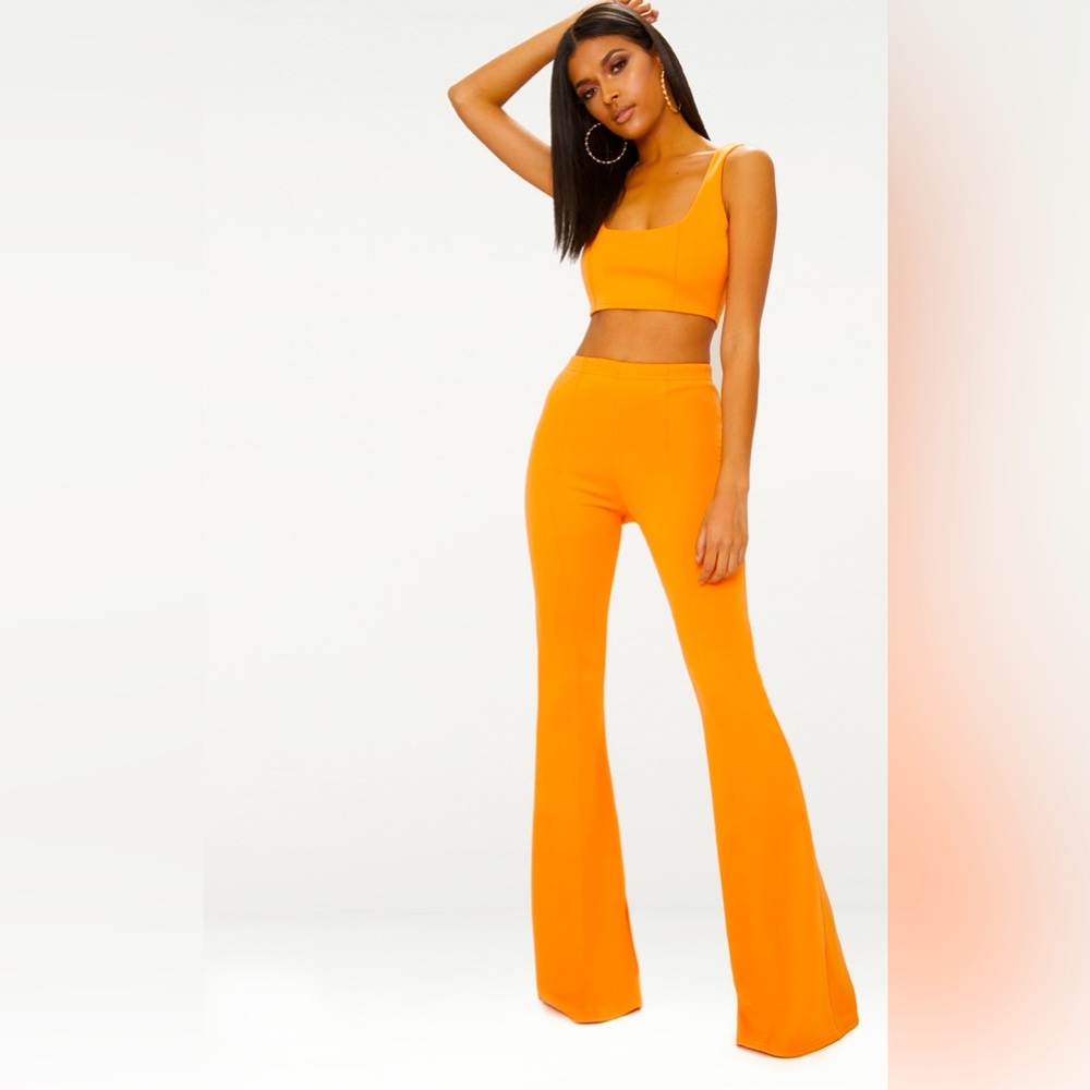 2 Piece Tangerine High Waist Extreme Flare Long Leg Trousers & Zip Crop Top